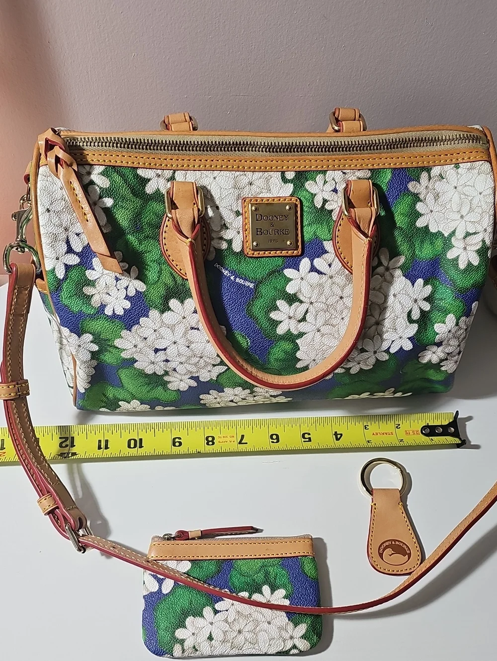Dooney & Bourke Green Hydrangea Floral Satchel W/ Coin Purse And Key Fob